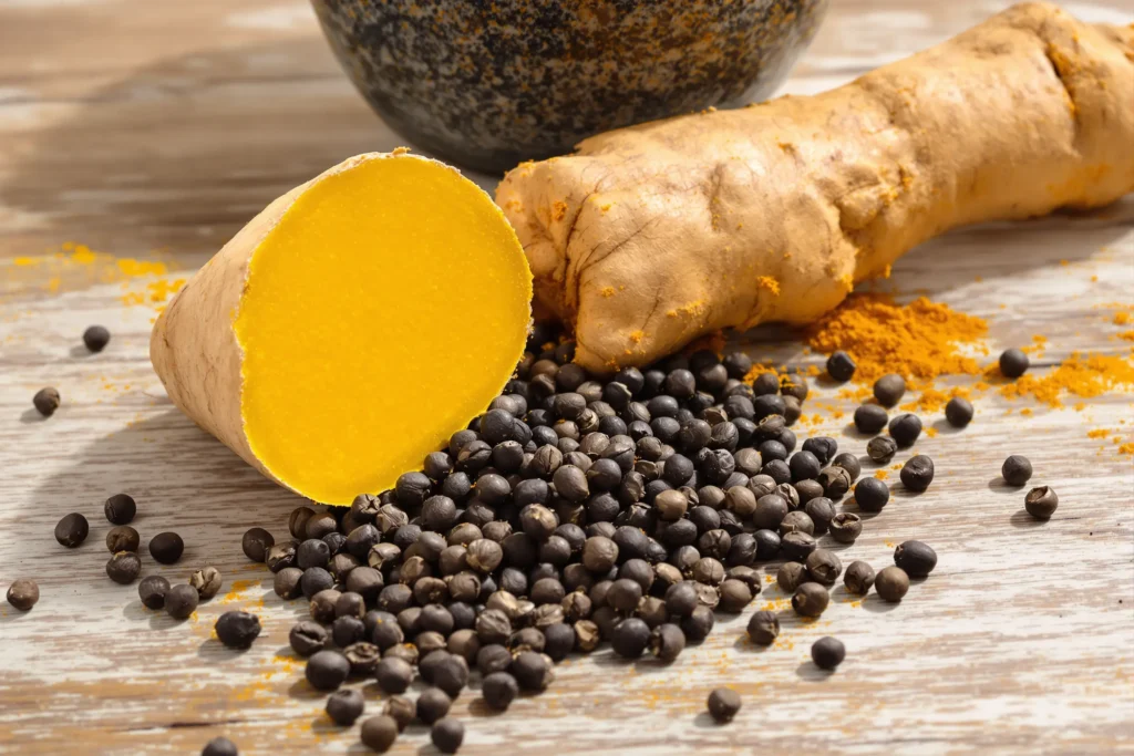 Poivre noir et racine de curcuma frais