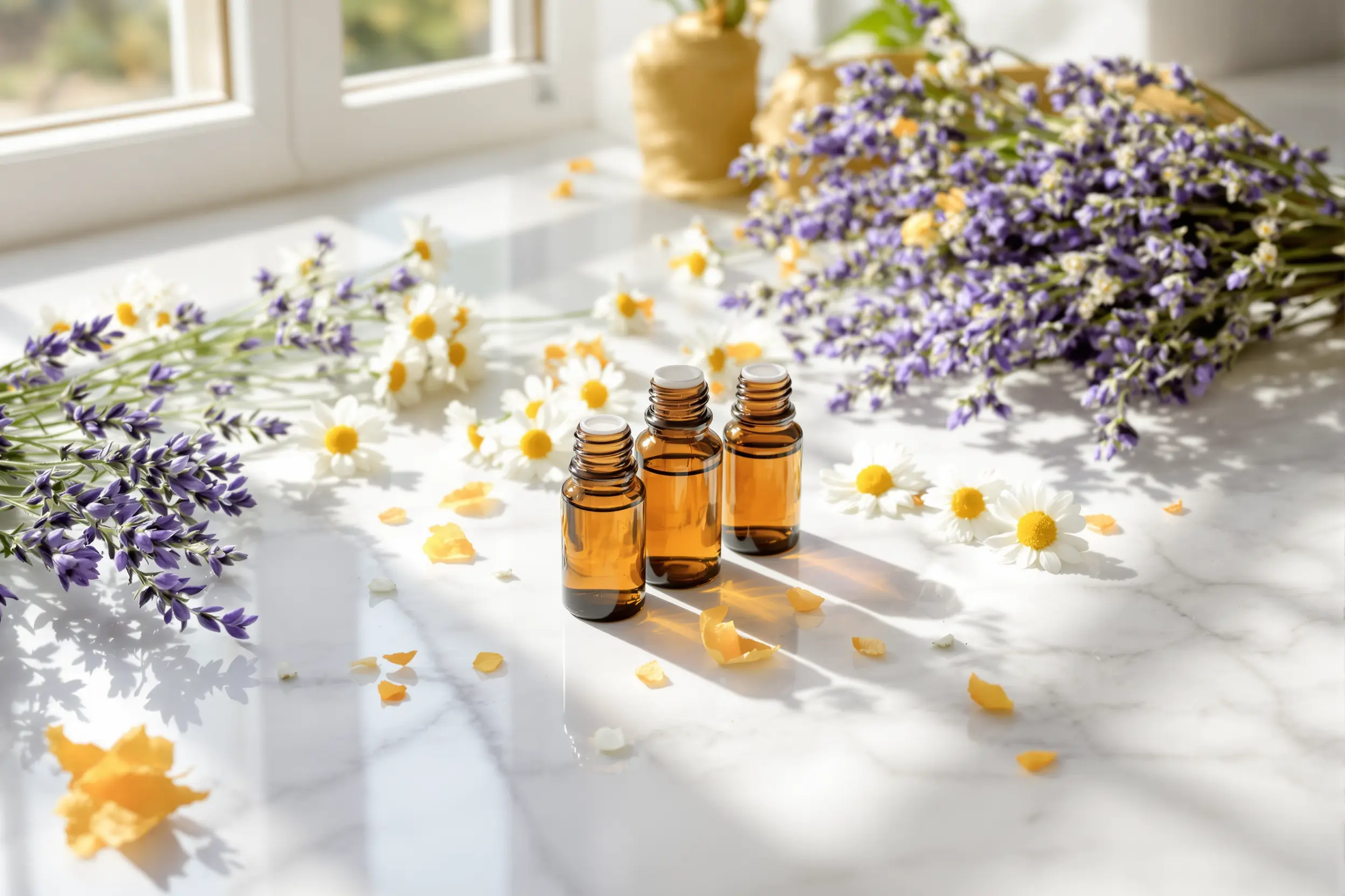 Flacons d'huiles essentielles relaxantes avec plantes fraîches