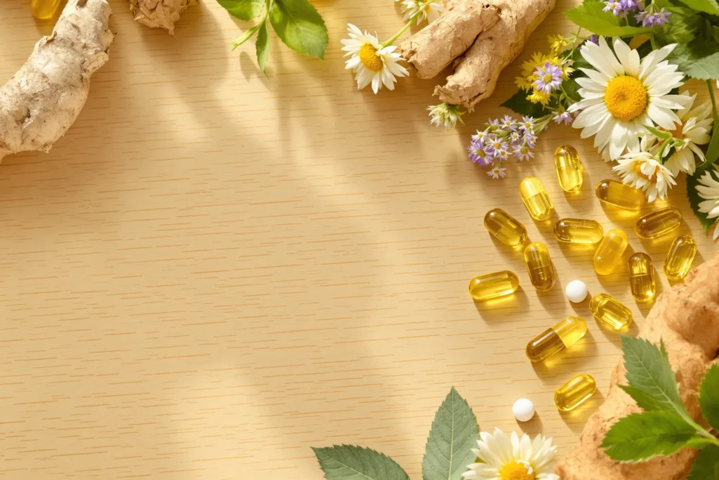 Compléments alimentaires plantes naturelles sur fond de bois