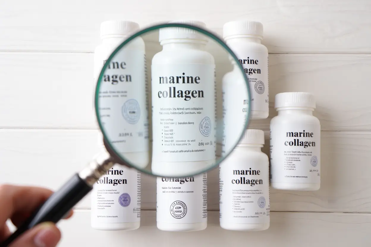 Étiquettes de suppléments de collagène montrant les origines