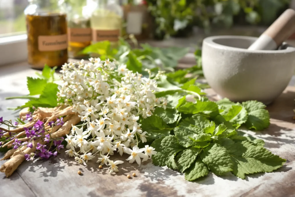 Plantes médicinales anti-stress disposées naturellement