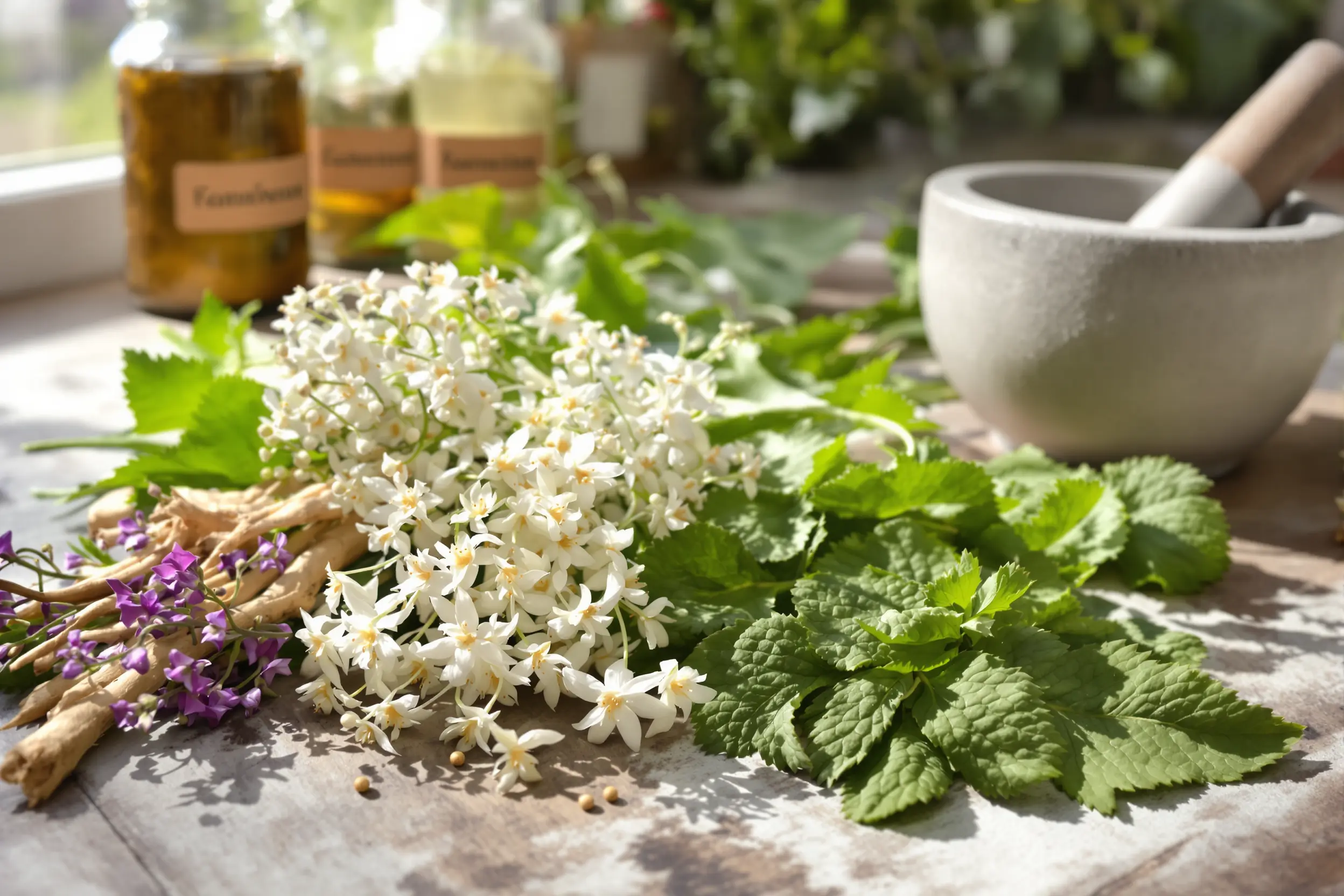 Plantes médicinales anti-stress disposées naturellement