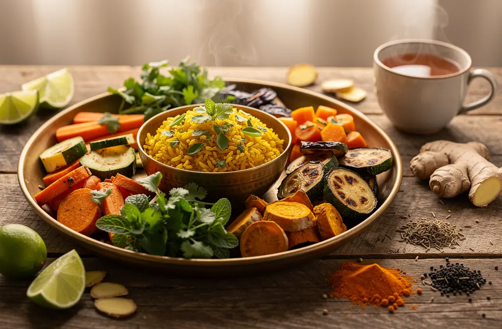Repas ayurvédique équilibré avec herbes et épices