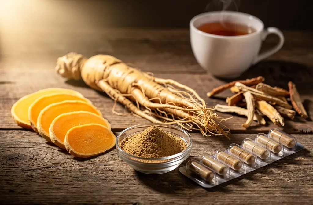 Différentes formes de ginseng : racine fraîche, poudre, gélules et infusion
