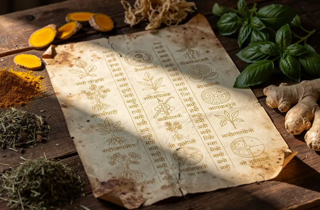 Manuscript ayurvédique ancien avec herbes médicinales